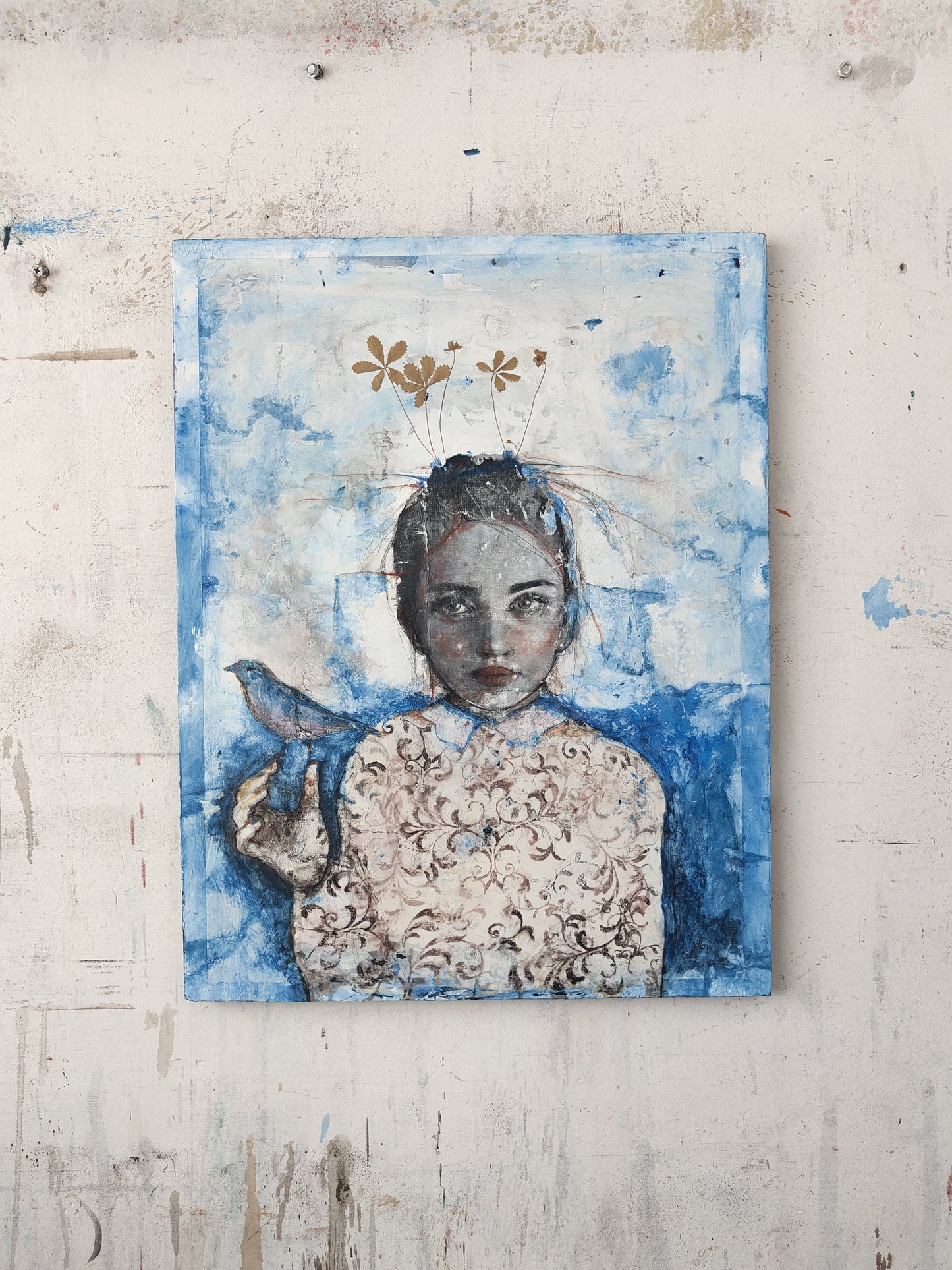 Ritratto in blu con Fiori Secchi - 80x60cm