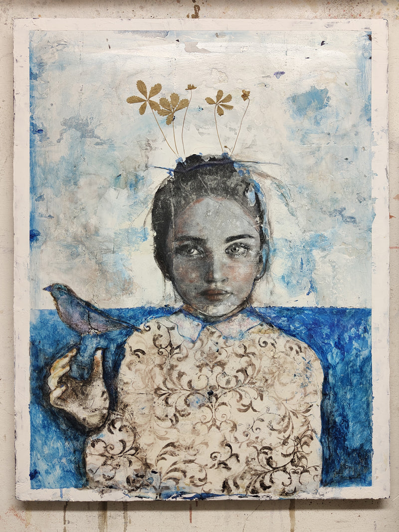 Ritratto in blu con Fiori Secchi 80x60cm