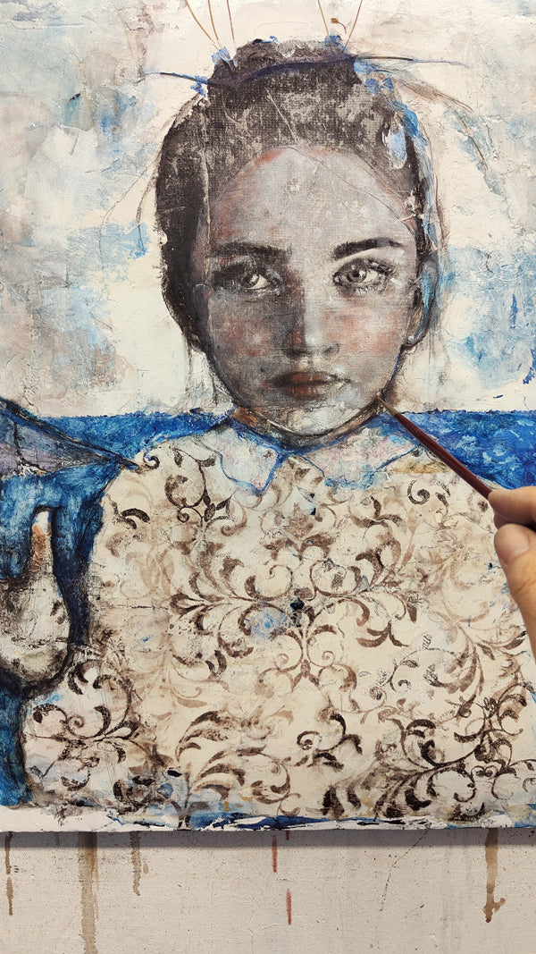 Ritratto in blu con Fiori Secchi 80x60cm