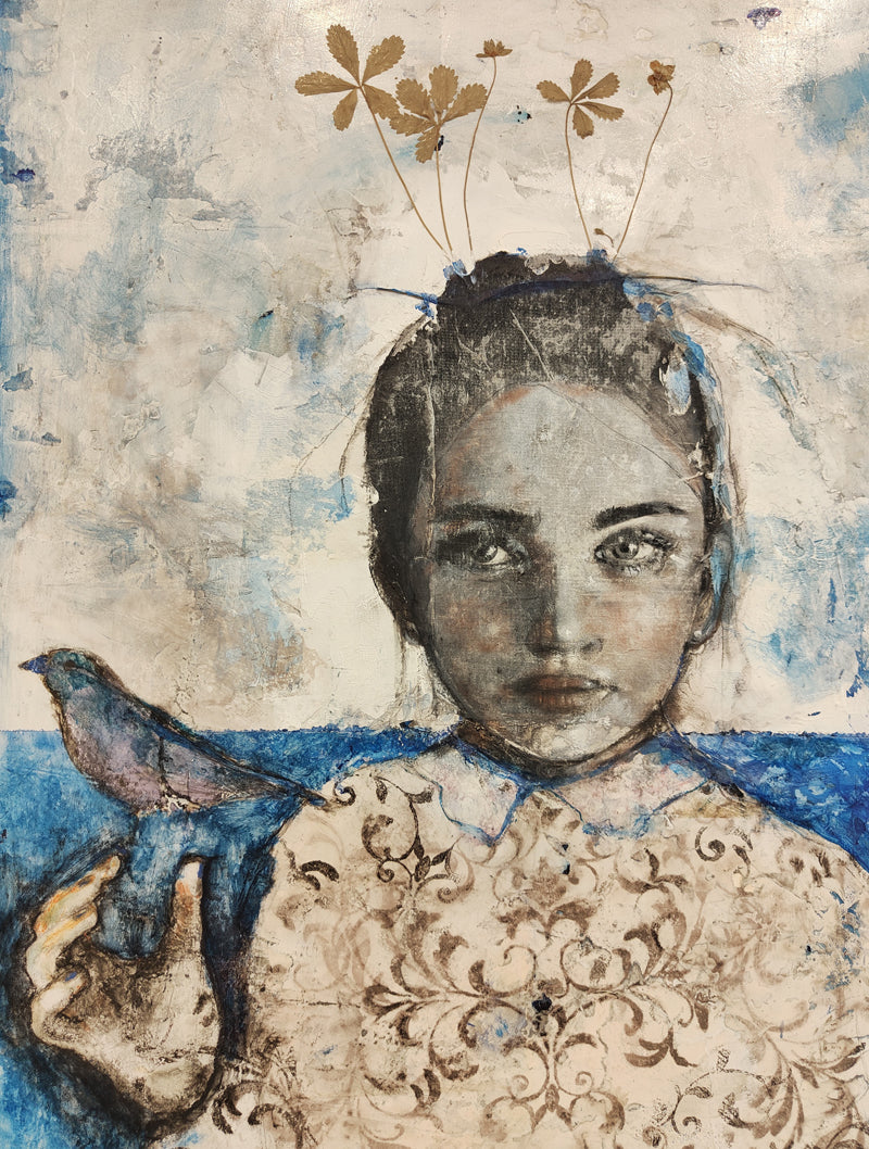 Ritratto in blu con Fiori Secchi 80x60cm