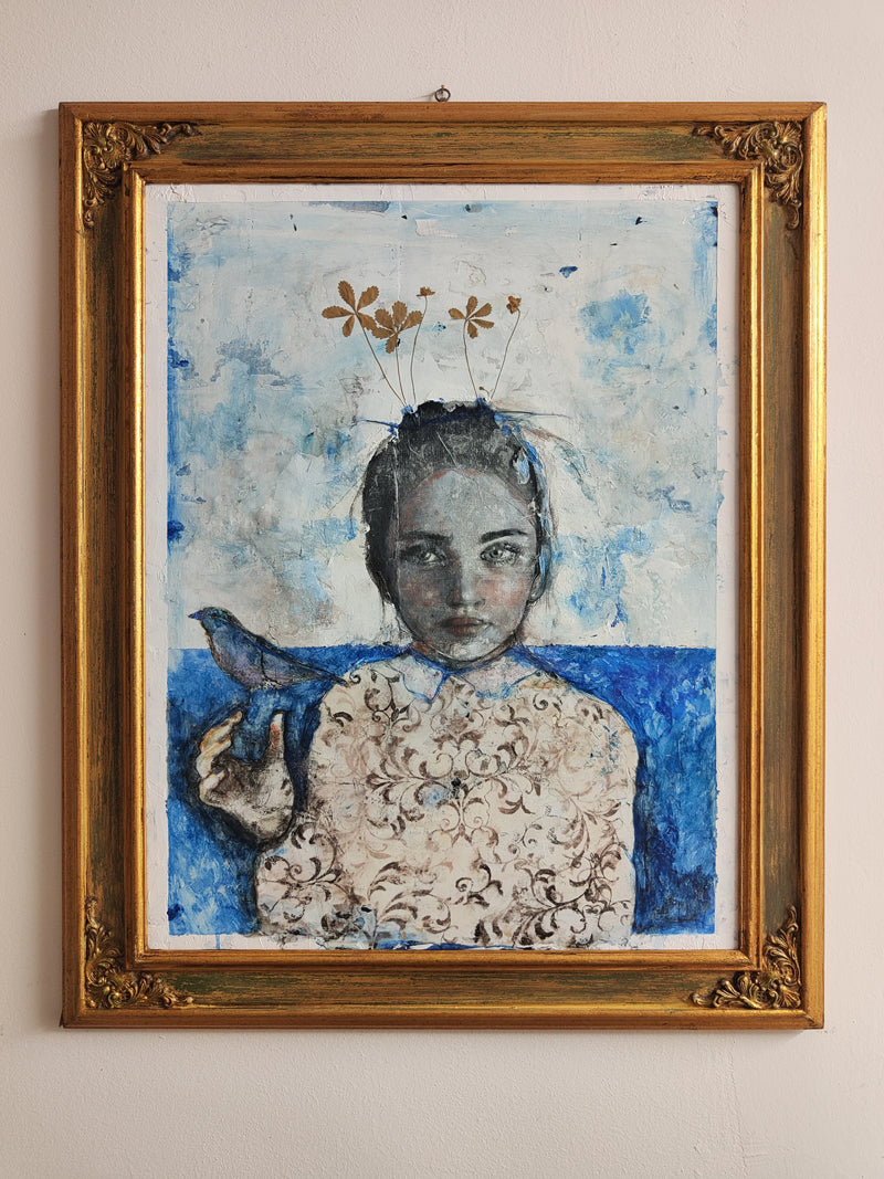 Ritratto in blu con Fiori Secchi 80x60cm