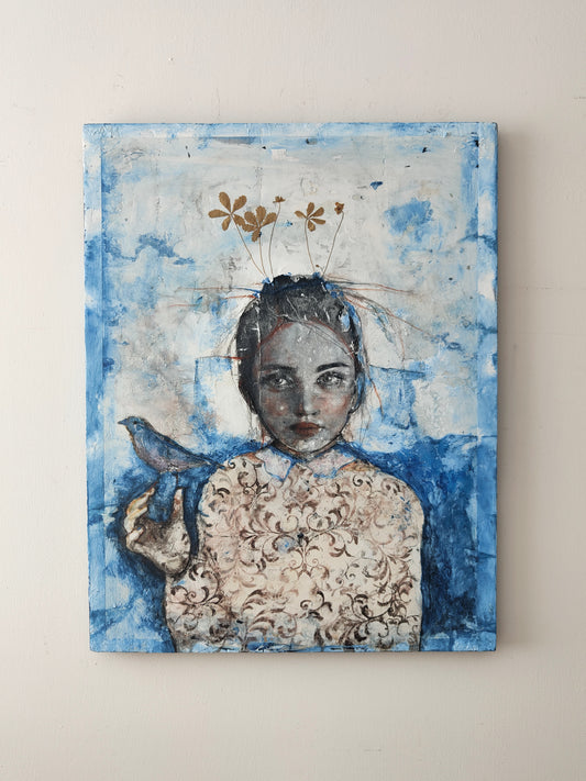 Ritratto in blu con Fiori Secchi - 80x60cm